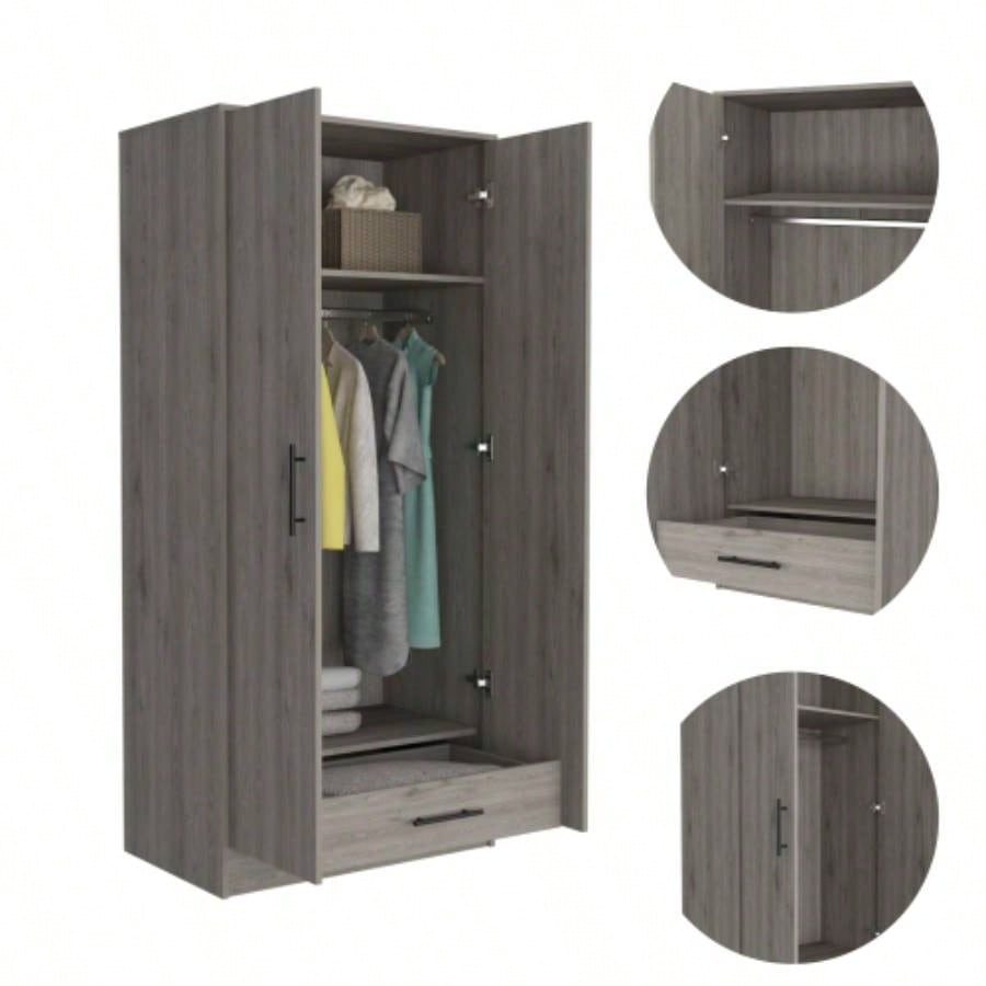 Armoire, Double Door Cabinets, Metal Rod, Metal Handle, Two Shelves, One Drawer, Light Gray