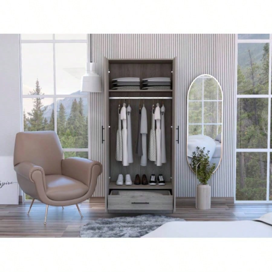 Armoire, Double Door Cabinets, Metal Rod, Metal Handle, Two Shelves, One Drawer, Light Gray