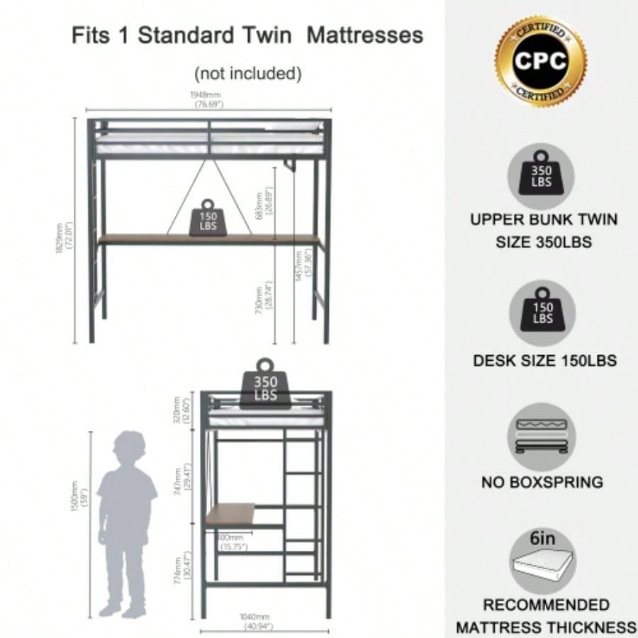 Adam Sturdy Twin Loft Bed Black with Cinnamon Wood Desk and Closet Rod Adult and, Loft Bed with Easy Climbing Ladder and Guardrails, Loft Bed Frame Bedroom, Space Saving