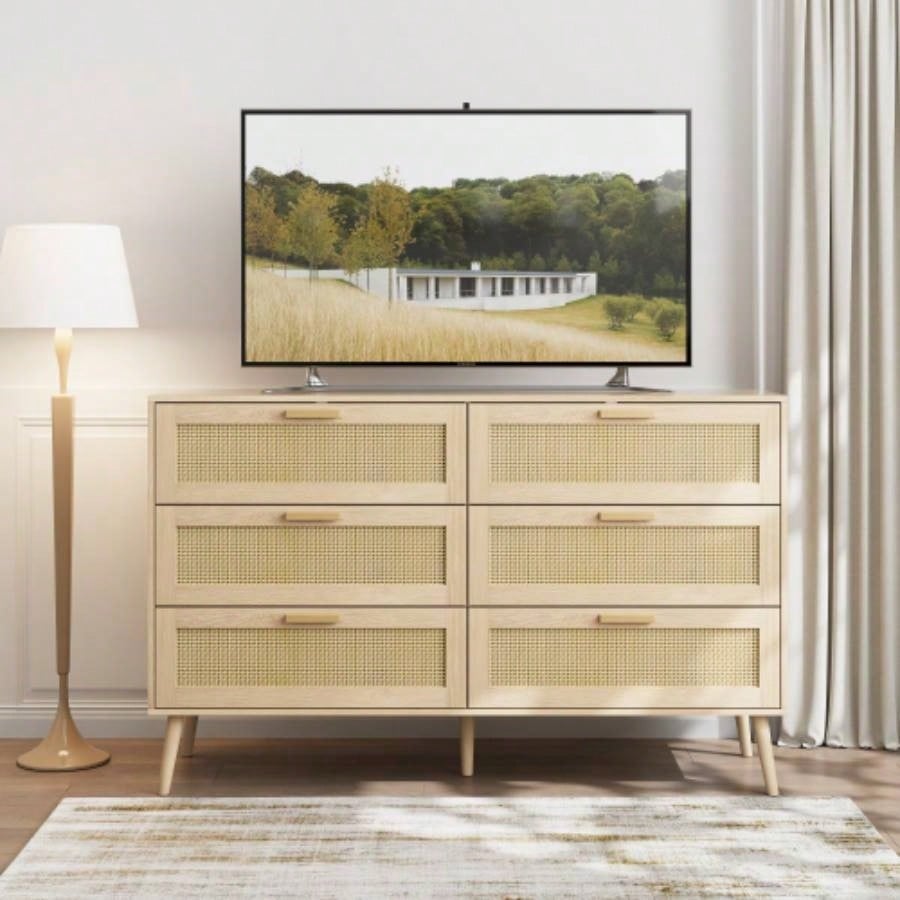 Rattan 6 Drawers Chest of Dressers Bedroom, Modern 6 Drawer Dresser, Wide Chest of Drawers with wood Handles, Rattan Dresser Storage Cabinet Living Room, Bedroom, Hallway