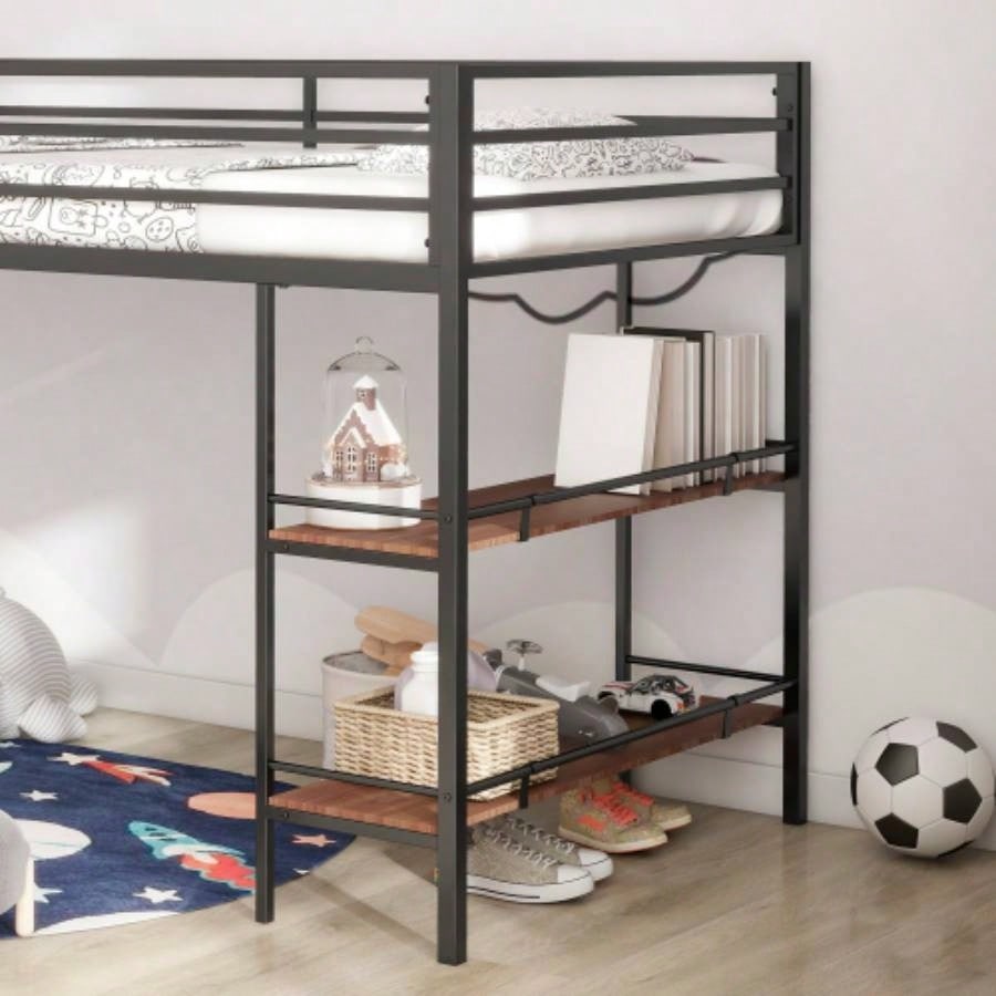 Adam sturdy junior twin loft bed black with Cinnamon wood shelf, space saving, Loft Bed with easy climbing Ladder and Guardrails, Loft Bed Frame Bedroom