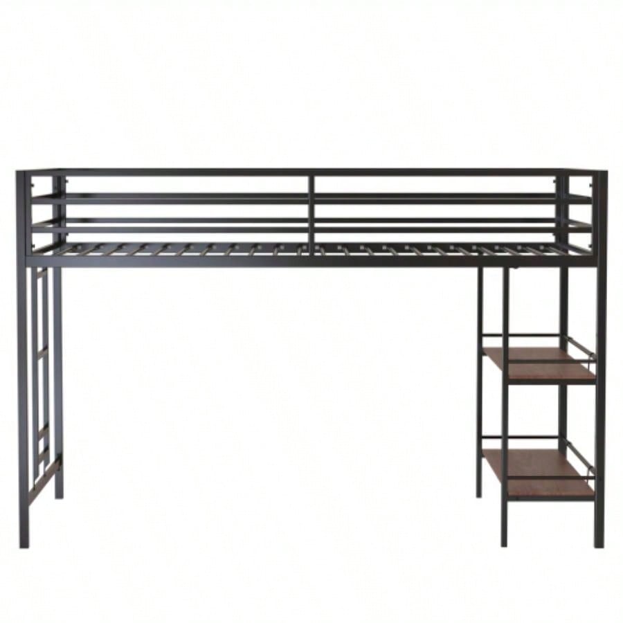 Adam sturdy junior twin loft bed black with Cinnamon wood shelf, space saving, Loft Bed with easy climbing Ladder and Guardrails, Loft Bed Frame Bedroom