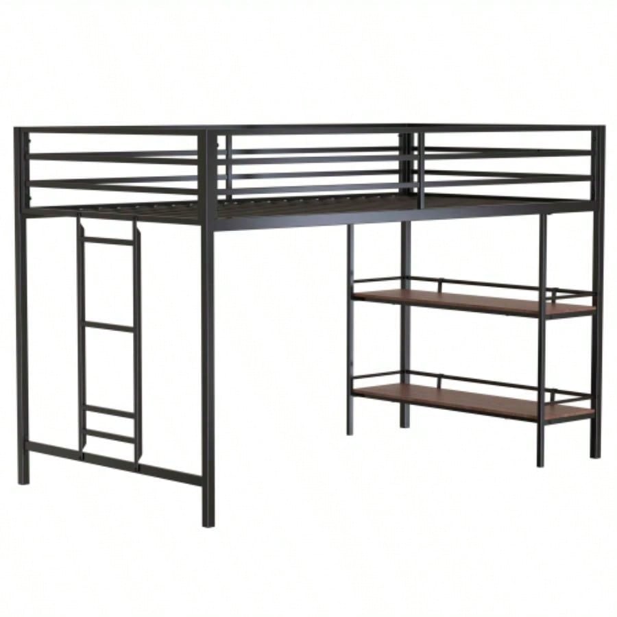 Adam sturdy junior twin loft bed black with Cinnamon wood shelf, space saving, Loft Bed with easy climbing Ladder and Guardrails, Loft Bed Frame Bedroom
