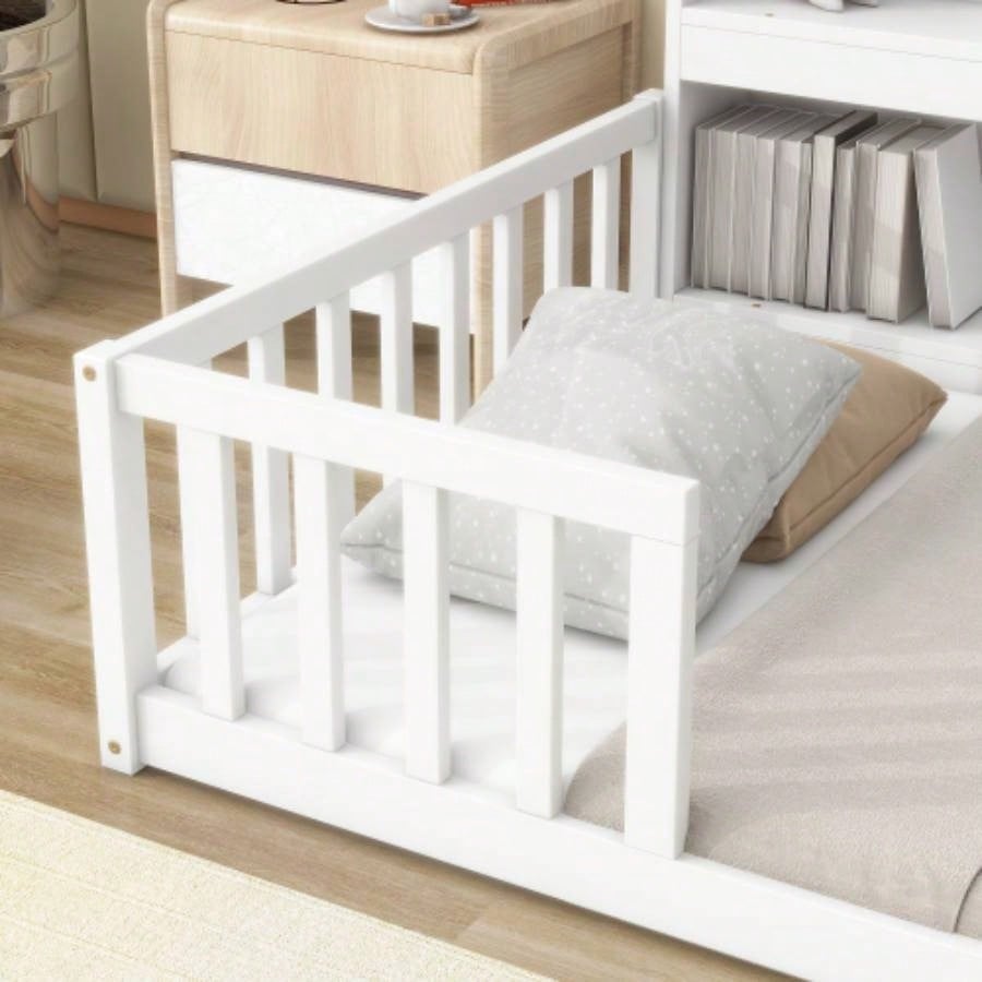 Twin Floor Bed with Bedside Bookcase, Shelves, Guardrails, White
