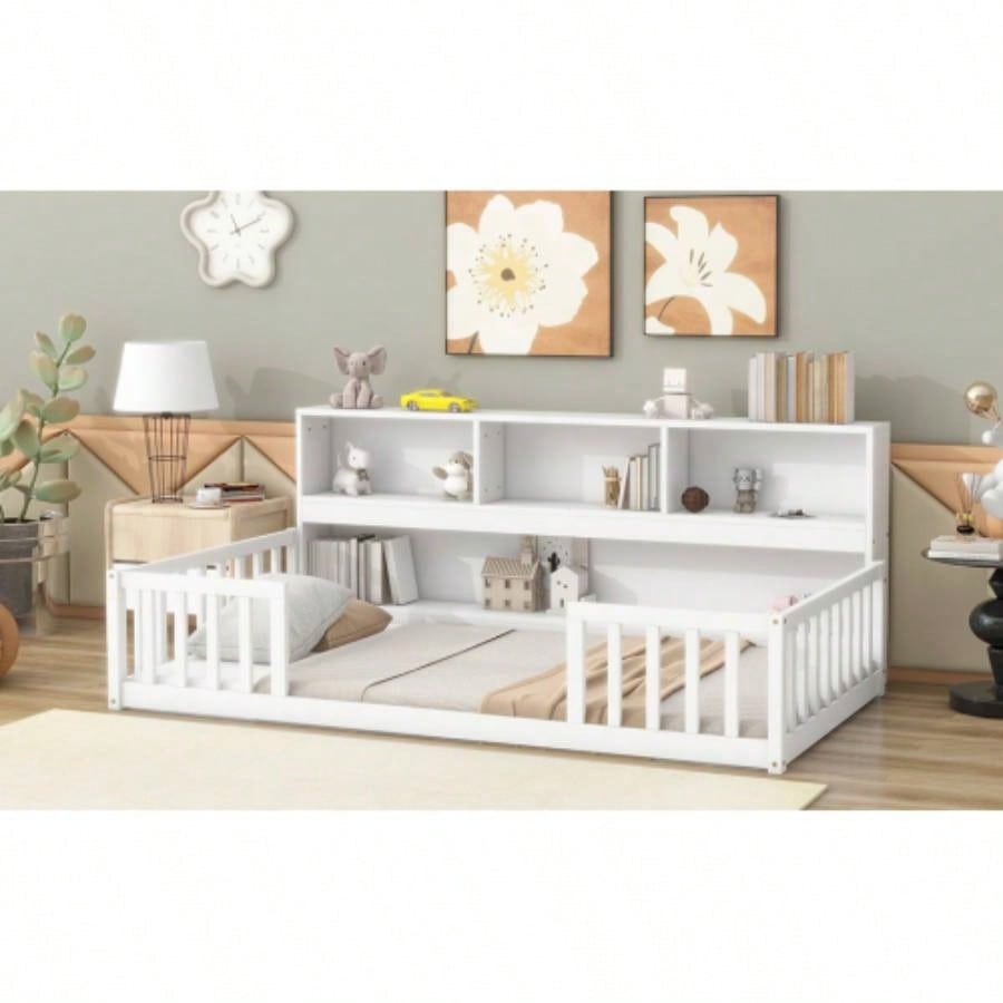 Twin Floor Bed with Bedside Bookcase, Shelves, Guardrails, White