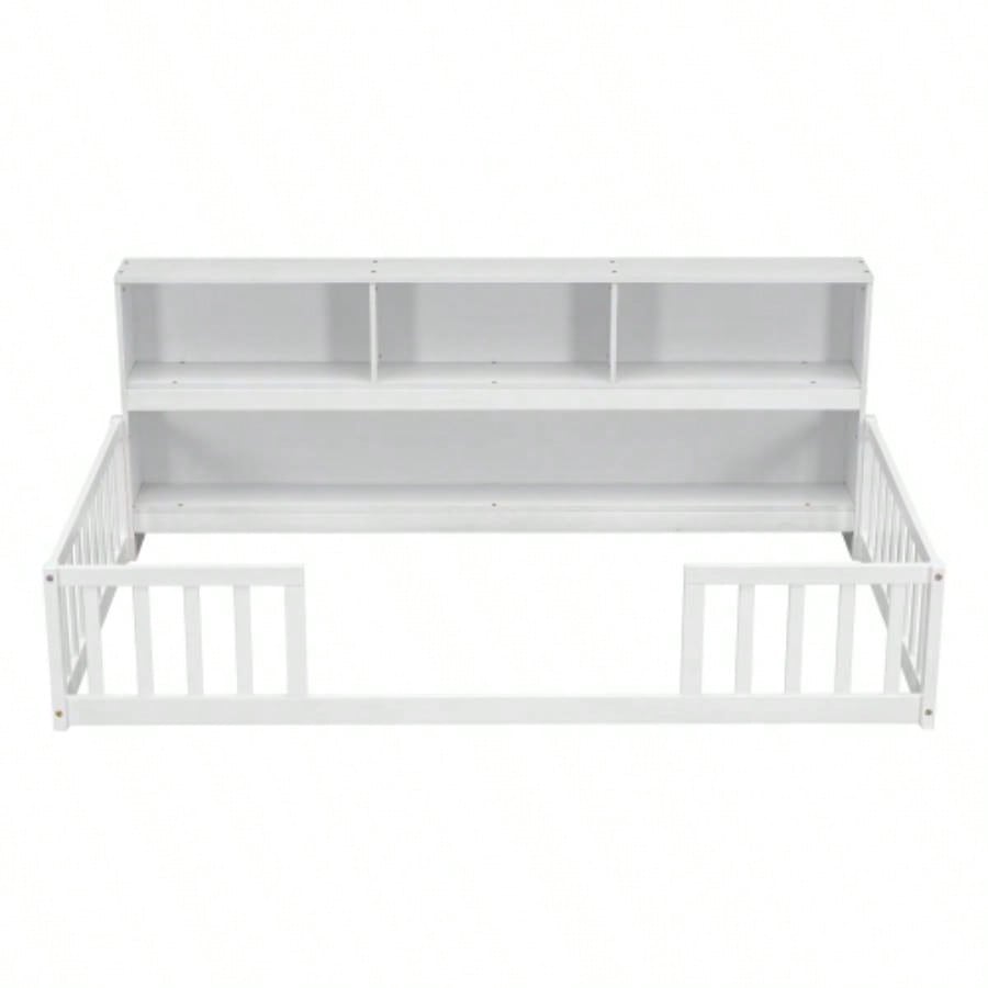 Twin Floor Bed with Bedside Bookcase, Shelves, Guardrails, White