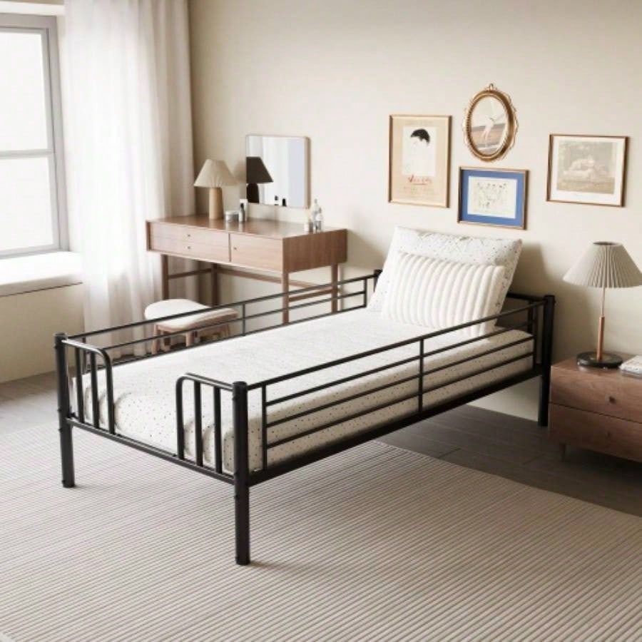 Twin Metal Pull - Out Bunk Bed with Guardrail and Built - In Ladder, Space - Saving Convertible Frame Bedroom, Black