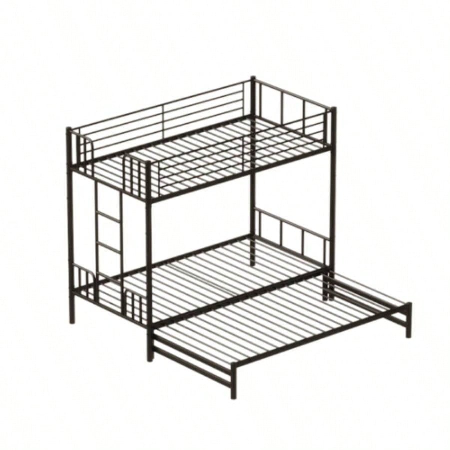 Twin Metal Pull - Out Bunk Bed with Guardrail and Built - In Ladder, Space - Saving Convertible Frame Bedroom, Black