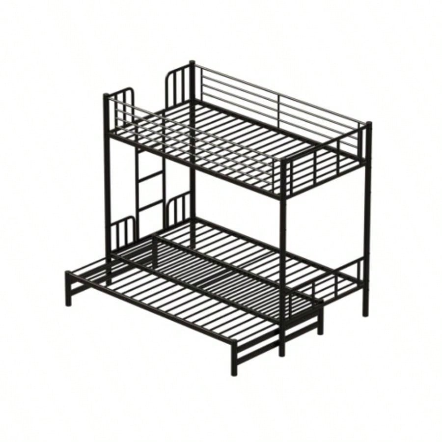 Twin Metal Pull - Out Bunk Bed with Guardrail and Built - In Ladder, Space - Saving Convertible Frame Bedroom, Black