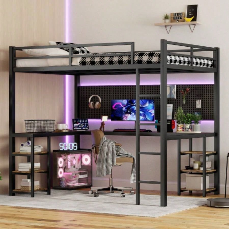 Full Metal Loft Bed with Desk and Shelves, Loft Bed with Ladder and Guardrails, Loft Bed Frame Bedroom, Black with Black Desk