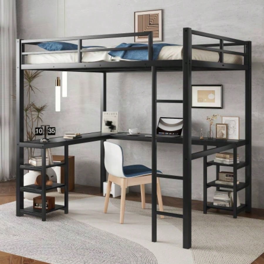 Full XL Metal Loft Bed with Desk and Shelves, Loft Bed with Ladder and Guardrails, Loft Bed Frame Bedroom, Black