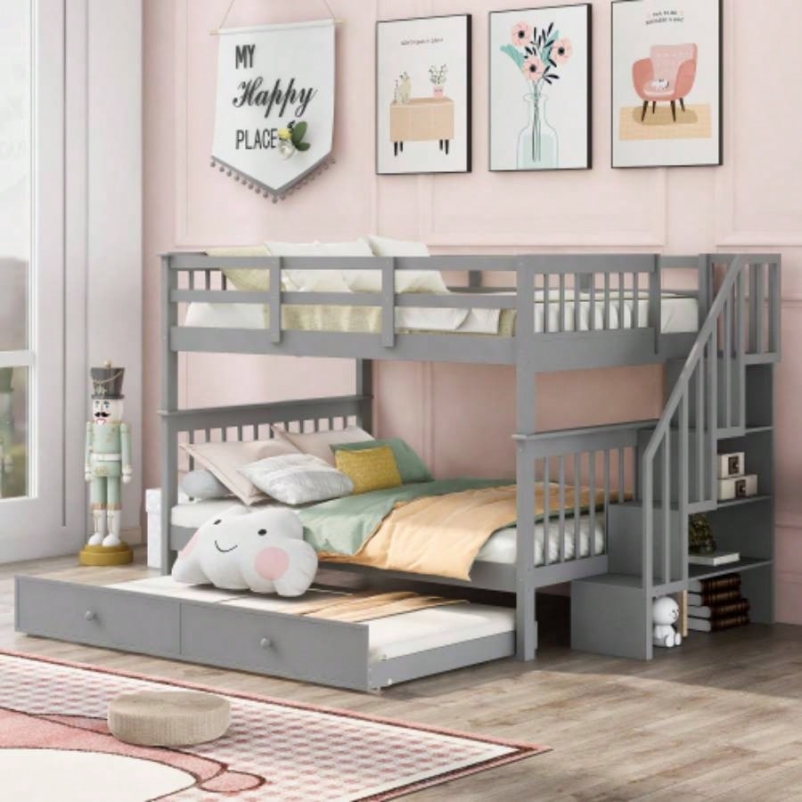 Stairway Full - Over - Full Bunk Bed with Twin size Trundle, Storage and Guard Rail Bedroom, Dorm - WhiteOLD SKU: LT000210AAK