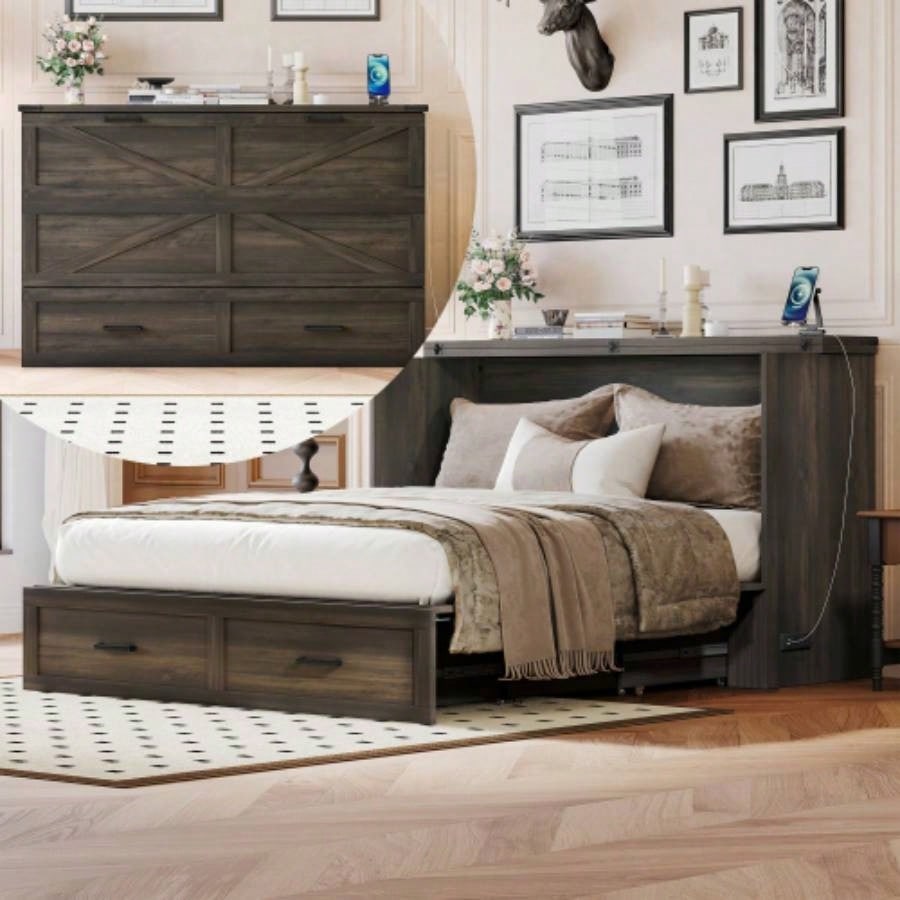 Size Farmhouse Murphy Cabinet Bed with Charging Station, Foldable Platform Bed with Large Storage Drawer Guest - Room, Small Bedroom, White