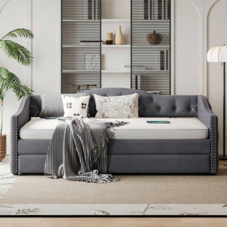 Twin Size Upholstered Daybed with Trundle and USB Charging Design, Sturdy Wood Slat Support, Wood Bed Frame Bedroom/Guestroom/Dorm, Plush Velvet Fabric, Gray
