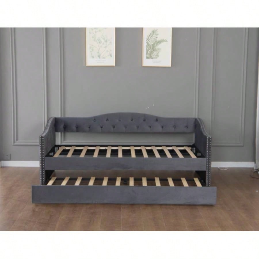 Twin Size Upholstered Daybed with Trundle and USB Charging Design, Sturdy Wood Slat Support, Wood Bed Frame Bedroom/Guestroom/Dorm, Plush Velvet Fabric, Gray
