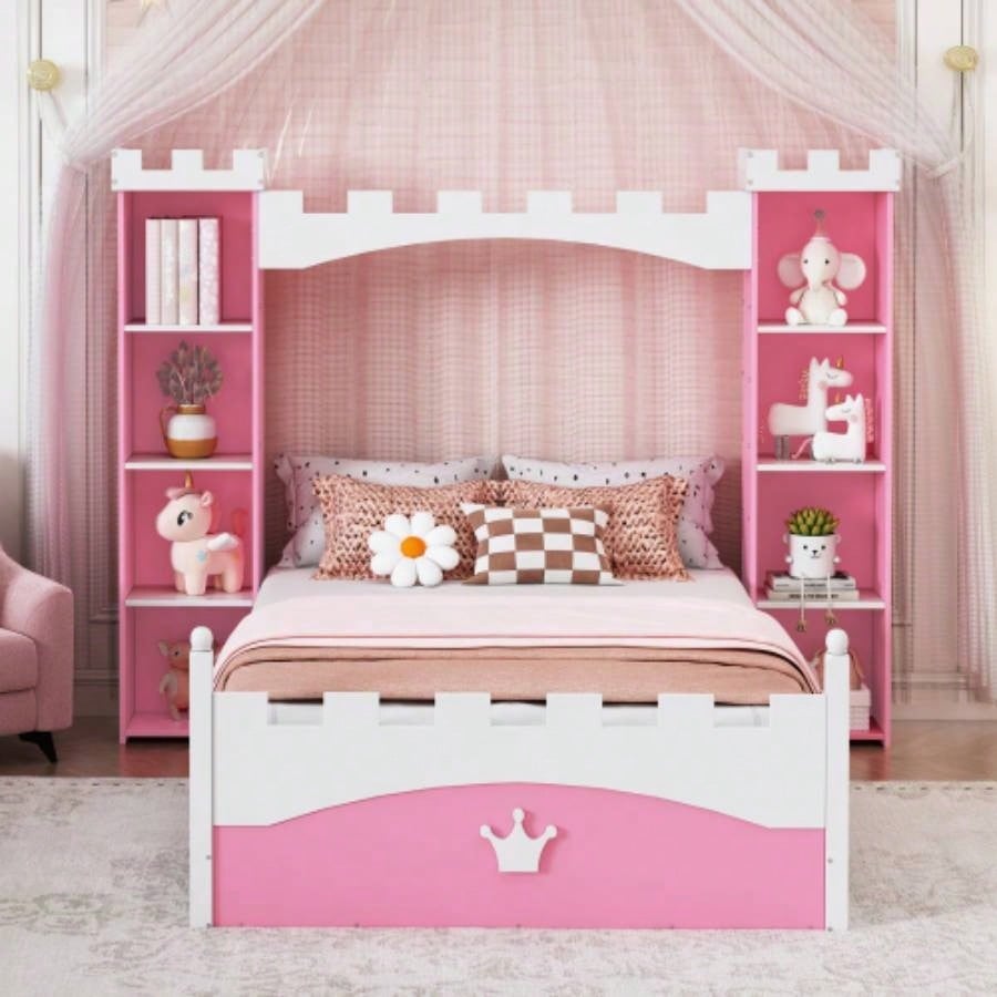 Castle - Shaped Wooden Bed with Storage Shelf, Dreamy Twin Size Platform Bed Bedroom, White+ PinkExpected Arrival Time: 8.14