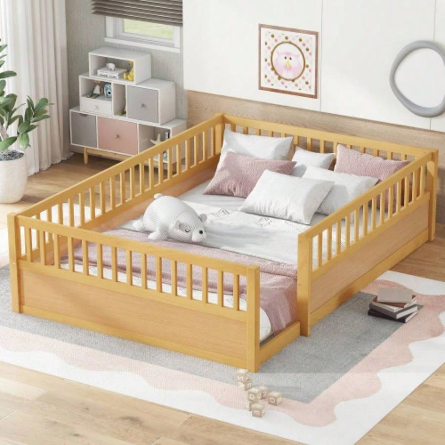 Twin Floor Bed Frame with Fence, Montessori wooden s floor bed, Wood Floor Beds Frame Bedroom Playroom, White
