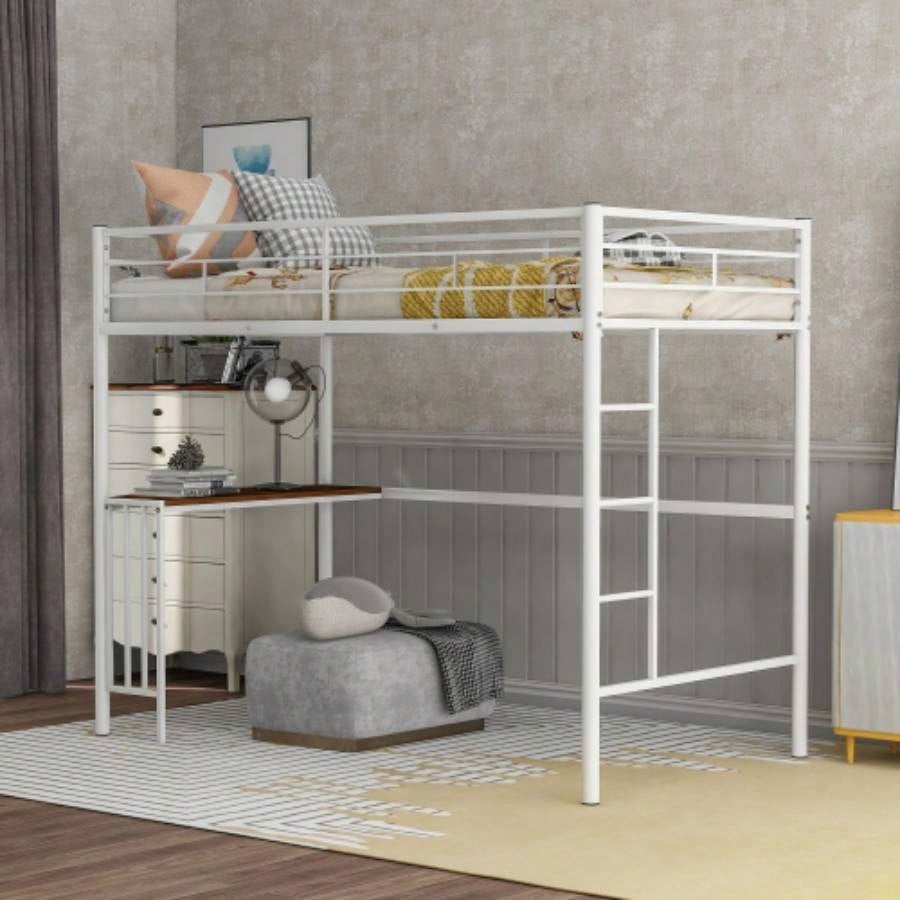 Twin Metal Loft Bed with Desk, Ladder and Guardrails, Loft Bed Bedroom, SilverOLD SKU: MF195191AAN