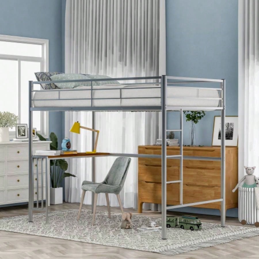 Twin Metal Loft Bed with Desk, Ladder and Guardrails, Loft Bed Bedroom, BlackOLD SKU: MF195191AAB