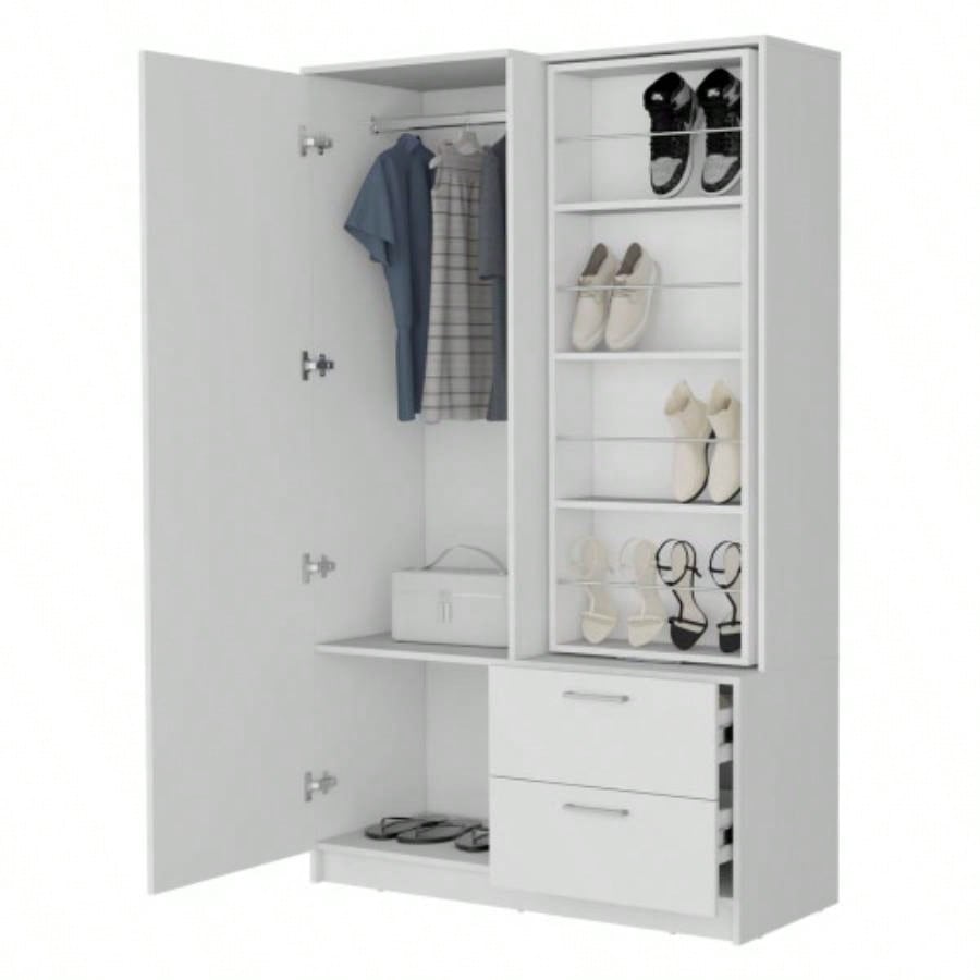 FM FURNITURE Thatcher Armoire - wardrobe, shoe storage and 2 - drawer, White