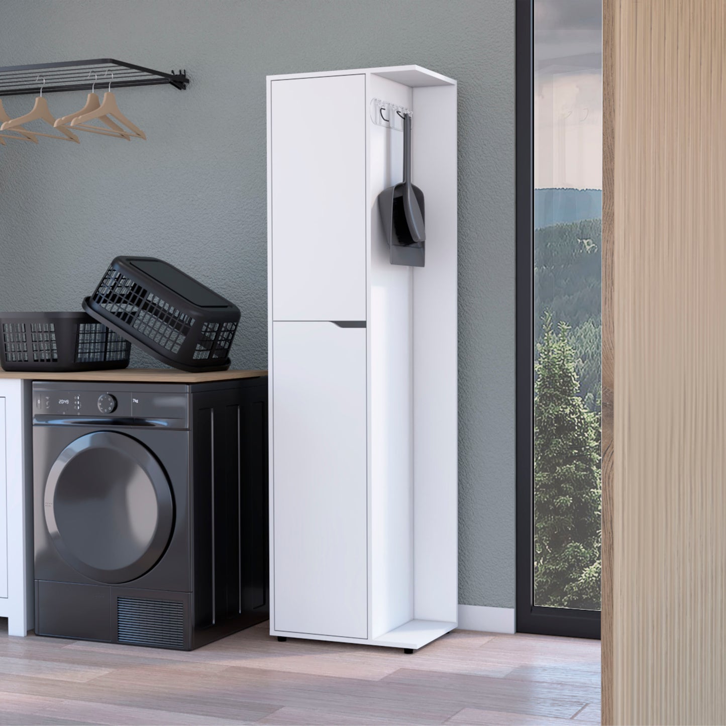 Harper Broom Cabinet, with 2 doors, 3 shelves and a holder