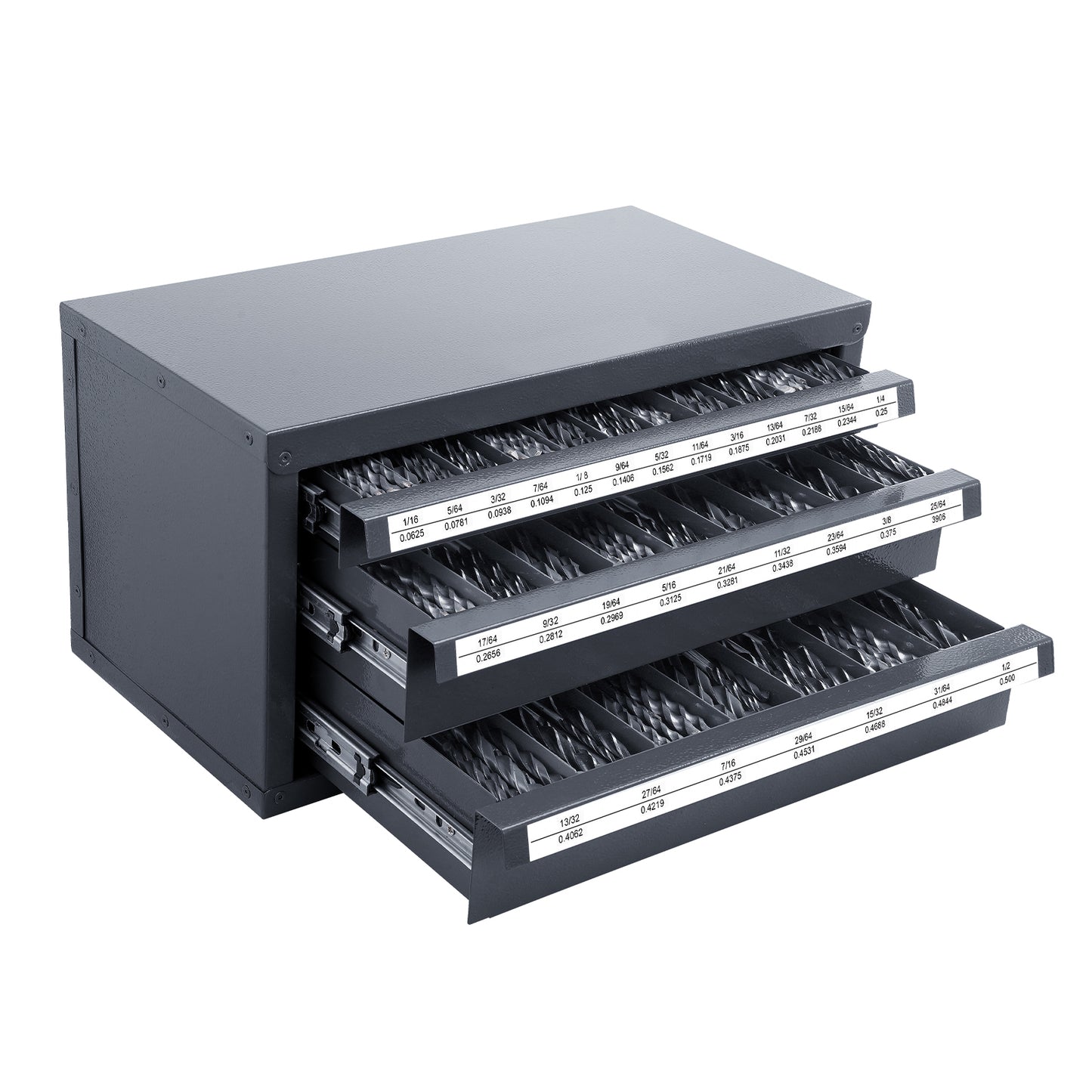 Drill Bit Dispenser Cabinet, Three-Drawer Drill Bit Organizer Cabinet for 1/16" to 1/2", Steel Drill Dispenser Organizer Cabinet with Labels, Stackable Drill Dispenser for Drill Bit Storage