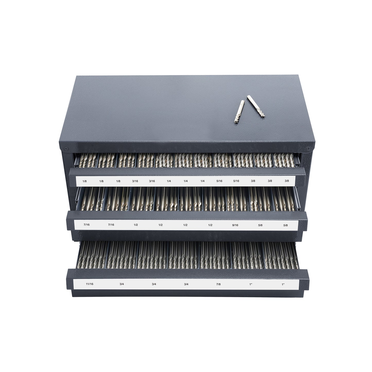 End Mill Dispenser Cabinet, Three-Drawer End Mill Organizer Cabinet for 1/8" to 1", Steel End Mill Dispenser Organizer Cabinet with Labels, 29-Compartment Stackable for End Mill Storage