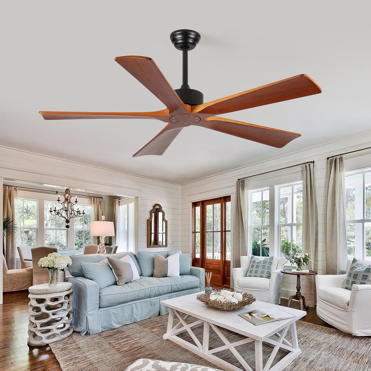 52 Inch Ceiling Fans and Remote, Wood Indoor Outdoor Ceiling Fan for Patios Living Room Bedroom 5 Blades DC Motor Mid Century Modern Wooden Fan