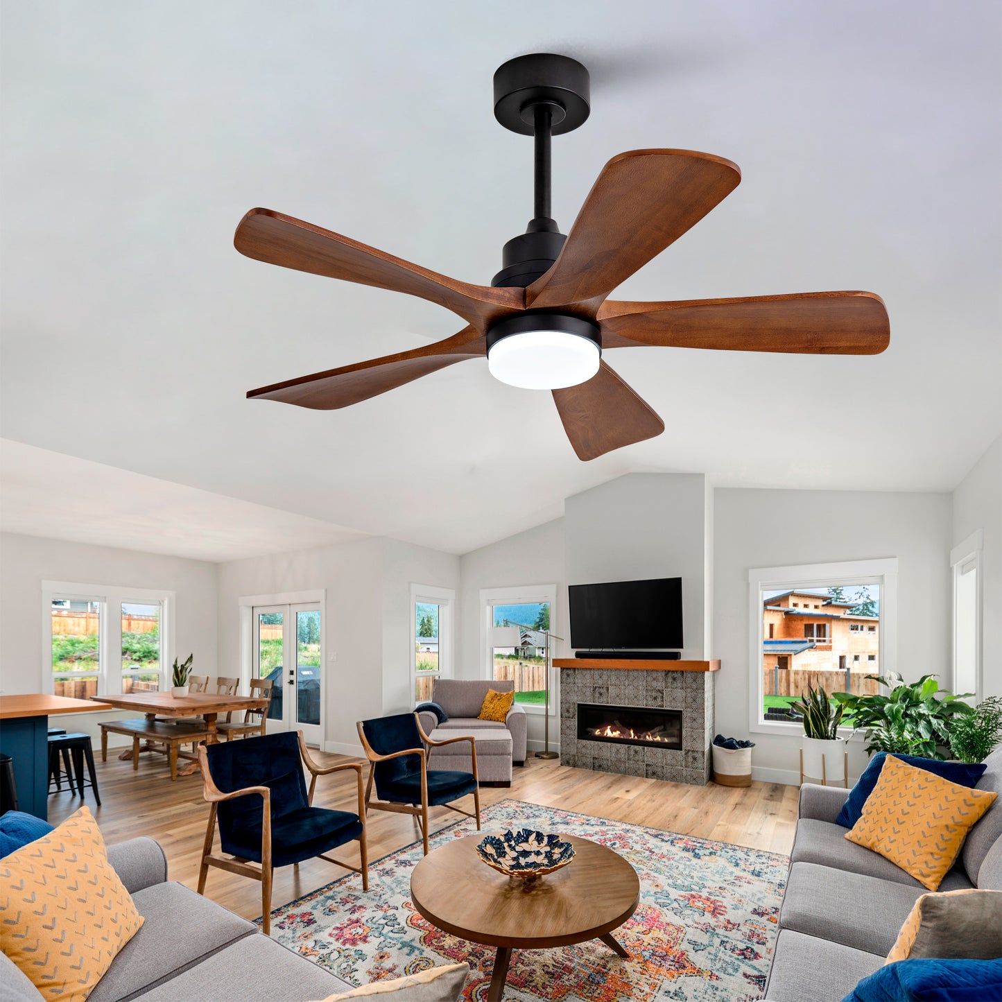 Black Ceiling Fans with Lights and Remote, 42 Inch Outdoor Ceiling Fan for Patios with Light 5 Blades Modern Ceiling Fan Noiseless Reversible DC Motor, Wood Fan for Farmhouse