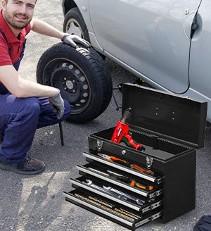 Metal Tool Box with 4 Drawers - Black Portable Steel Chest