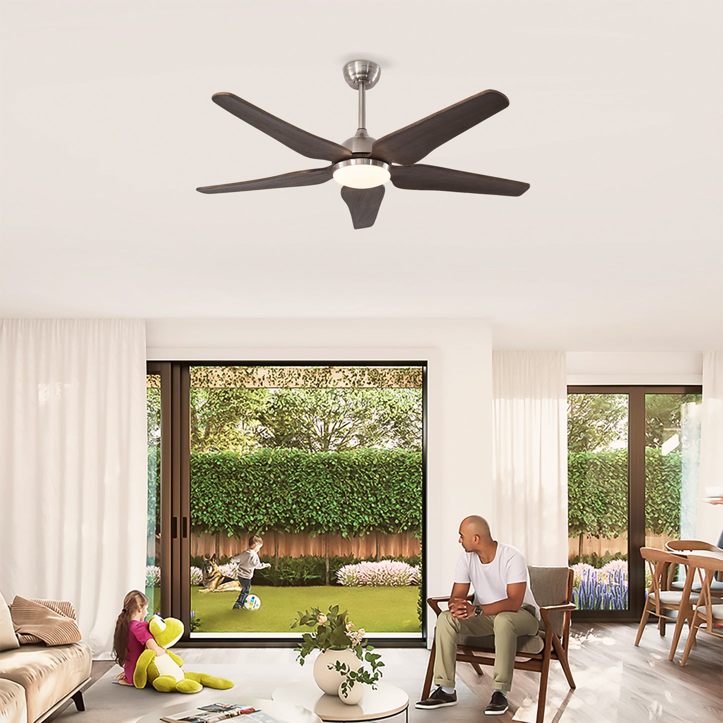 52 Inch Nickel Ceiling Fan with Lights - 6 Speed Remote Control