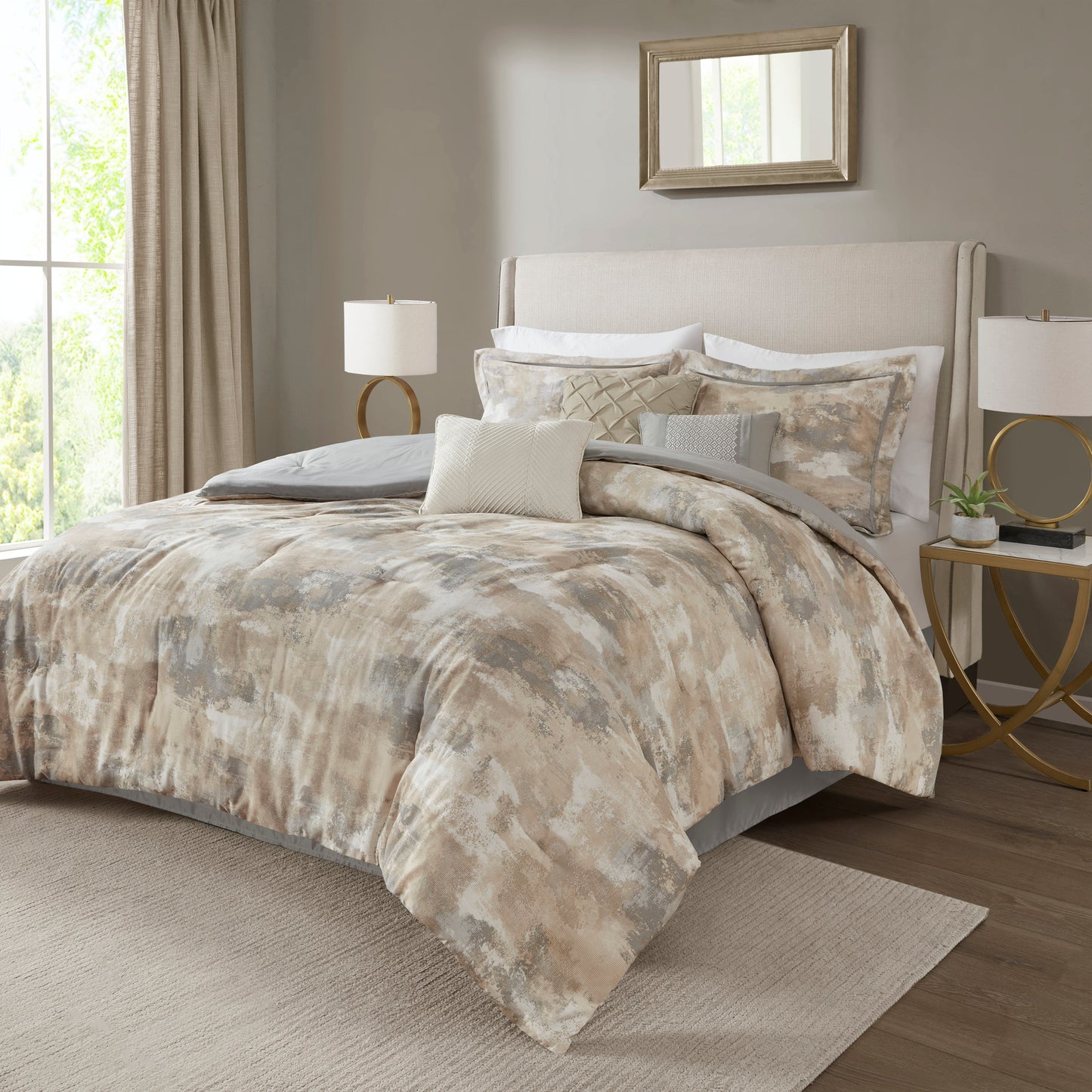 7 Piece Textured Cotton Blend Comforter Set Gray Queen