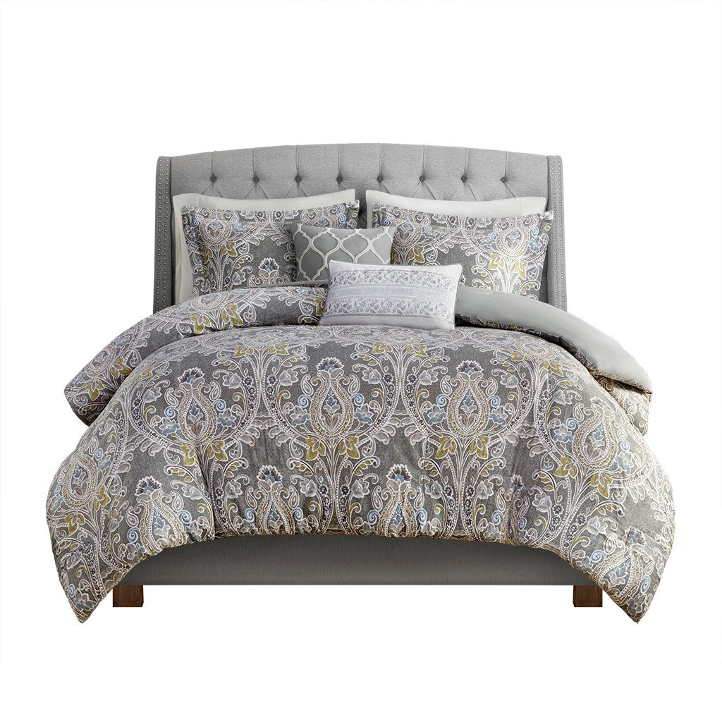 Grey Full Size Cotton Duvet Cover Set - 5 Piece