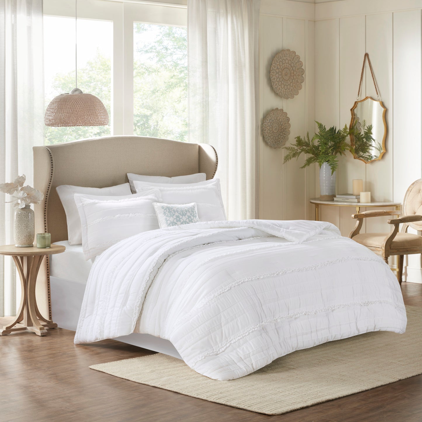 5 Piece Ruffled Comforter Set White King