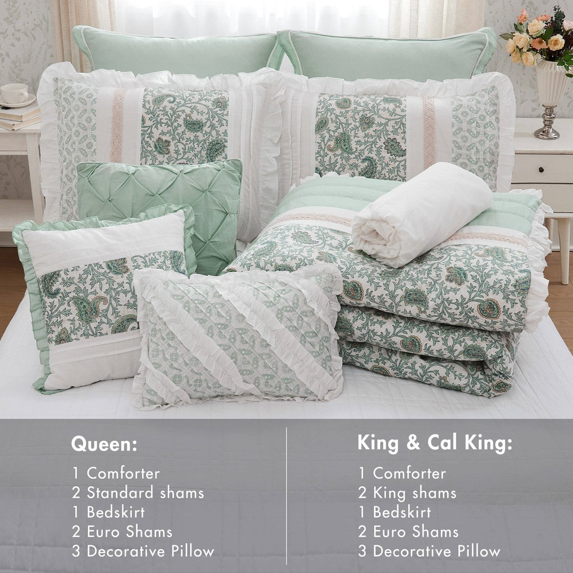 Queen Aqua Polyester Comforter Set 9 Piece