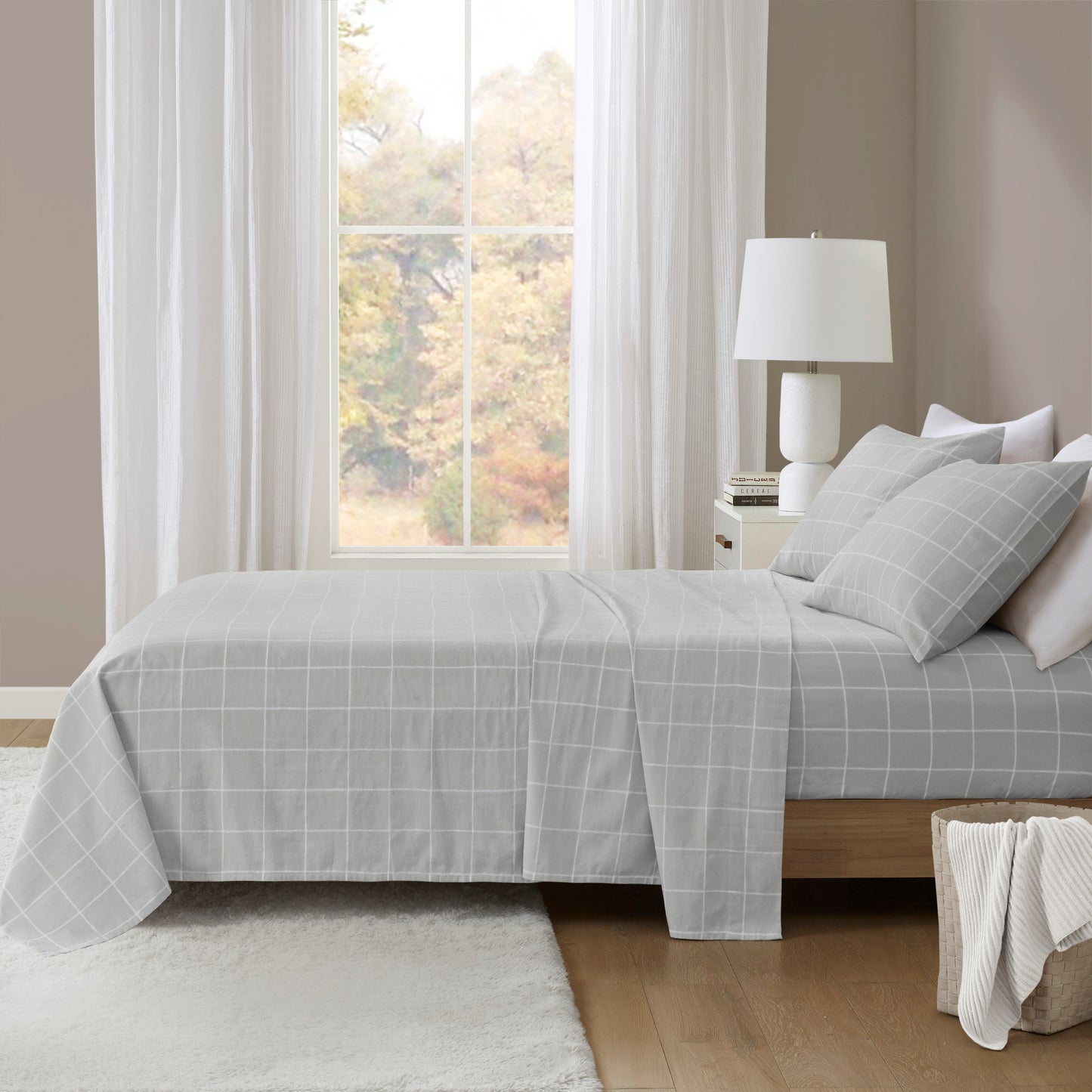 4-Piece Cal King 100% Cotton Printed Sheet Set, Grey Windowpane