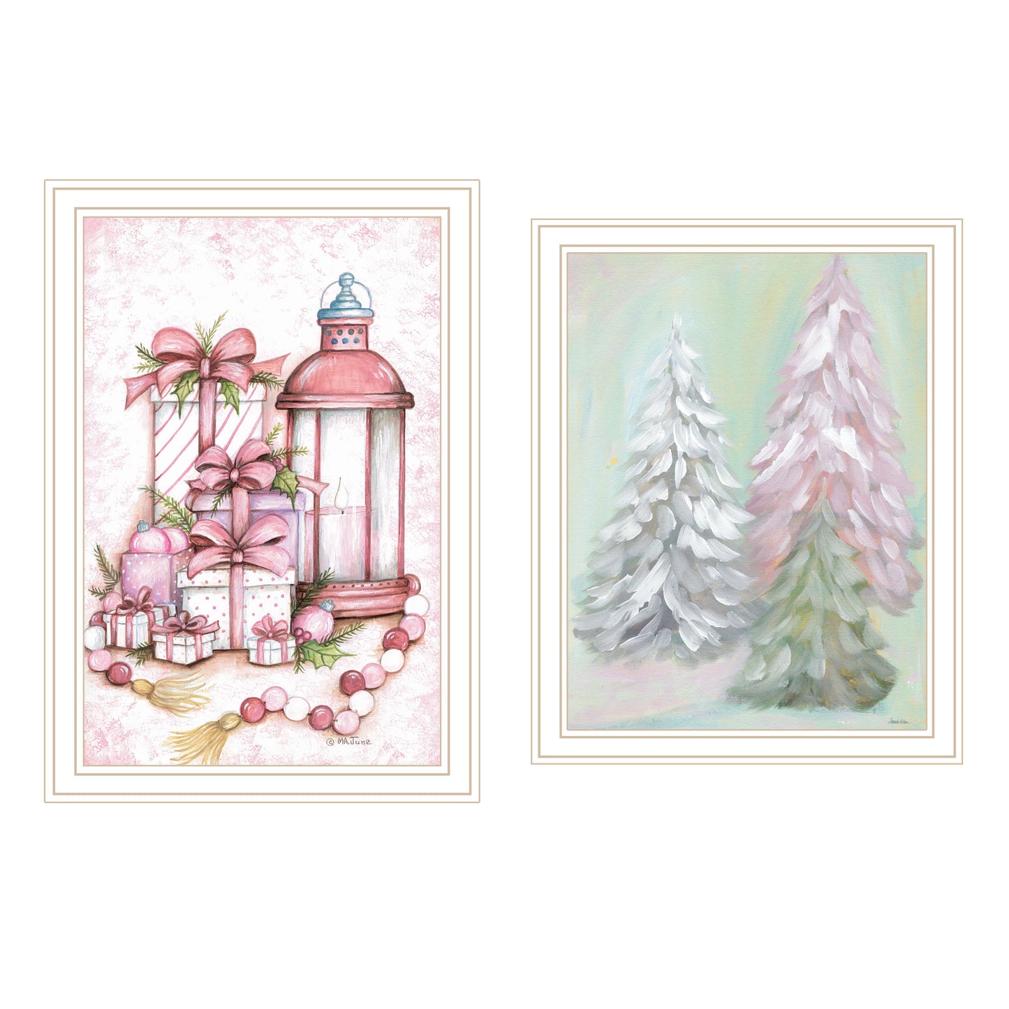 Trendy Decor 4U 2- Piece Vignette Pink Candy Land Christmas Trees White Framed Wall Art for Living Room, Bedroom Wall Art Print for Home Decor by Mary June