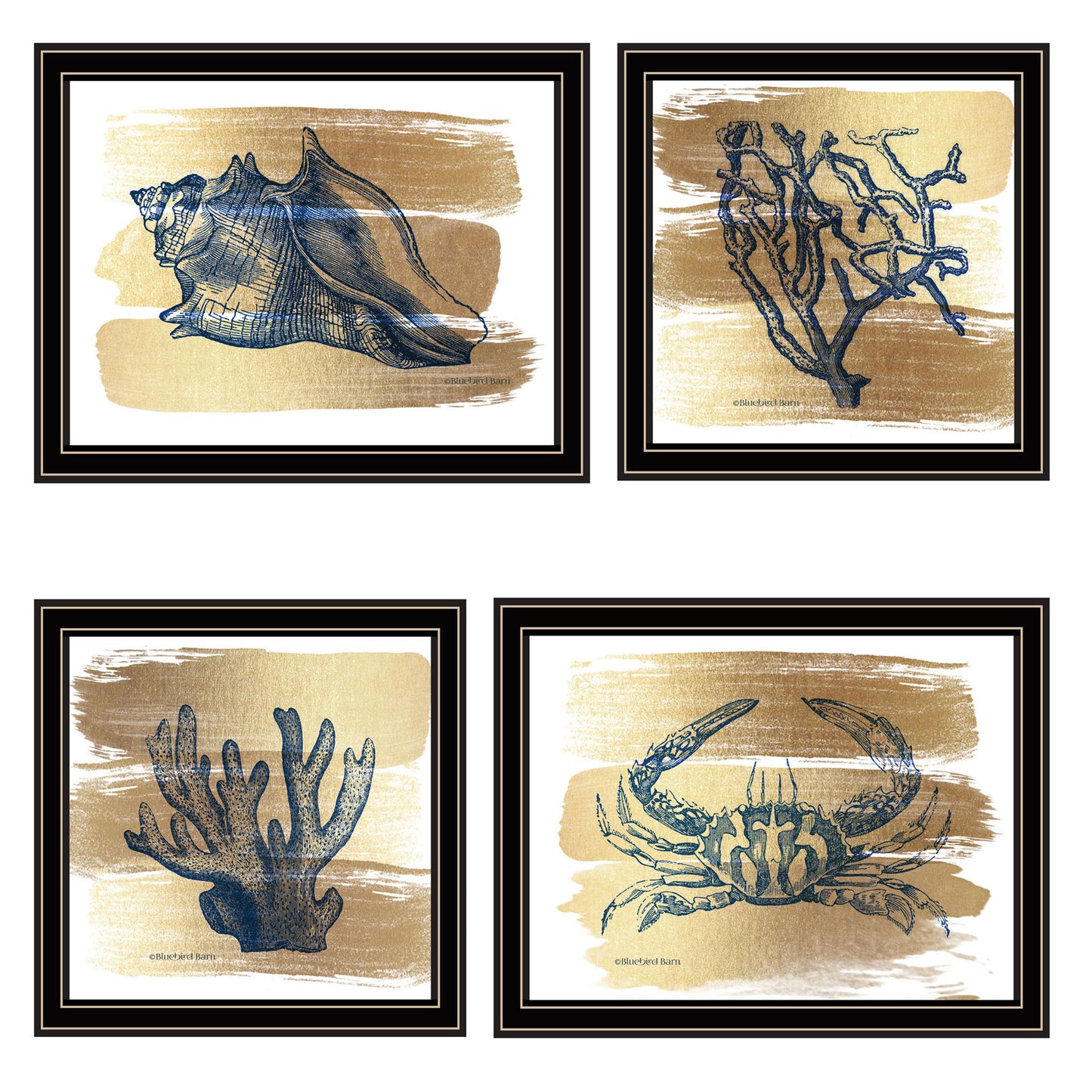 Trendy Decor 4U 4-PC Vignette Gold Sea Collection Black Framed Wall Art for Living Room, Bedroom Wall Art Print for Home Decor by Bluebird Barn