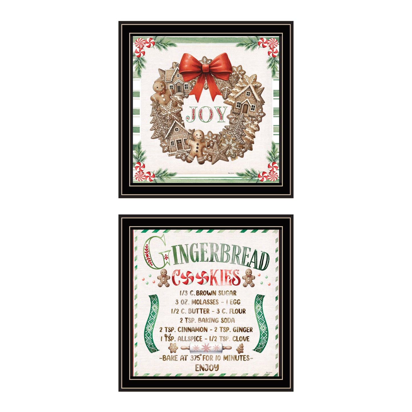 Trendy Decor 4U 2- Piece Vignette Gingerbread Wreath Black Framed Wall Art for Living Room, Bedroom Wall Art Print for Home Decor by Nicole DeCamp
