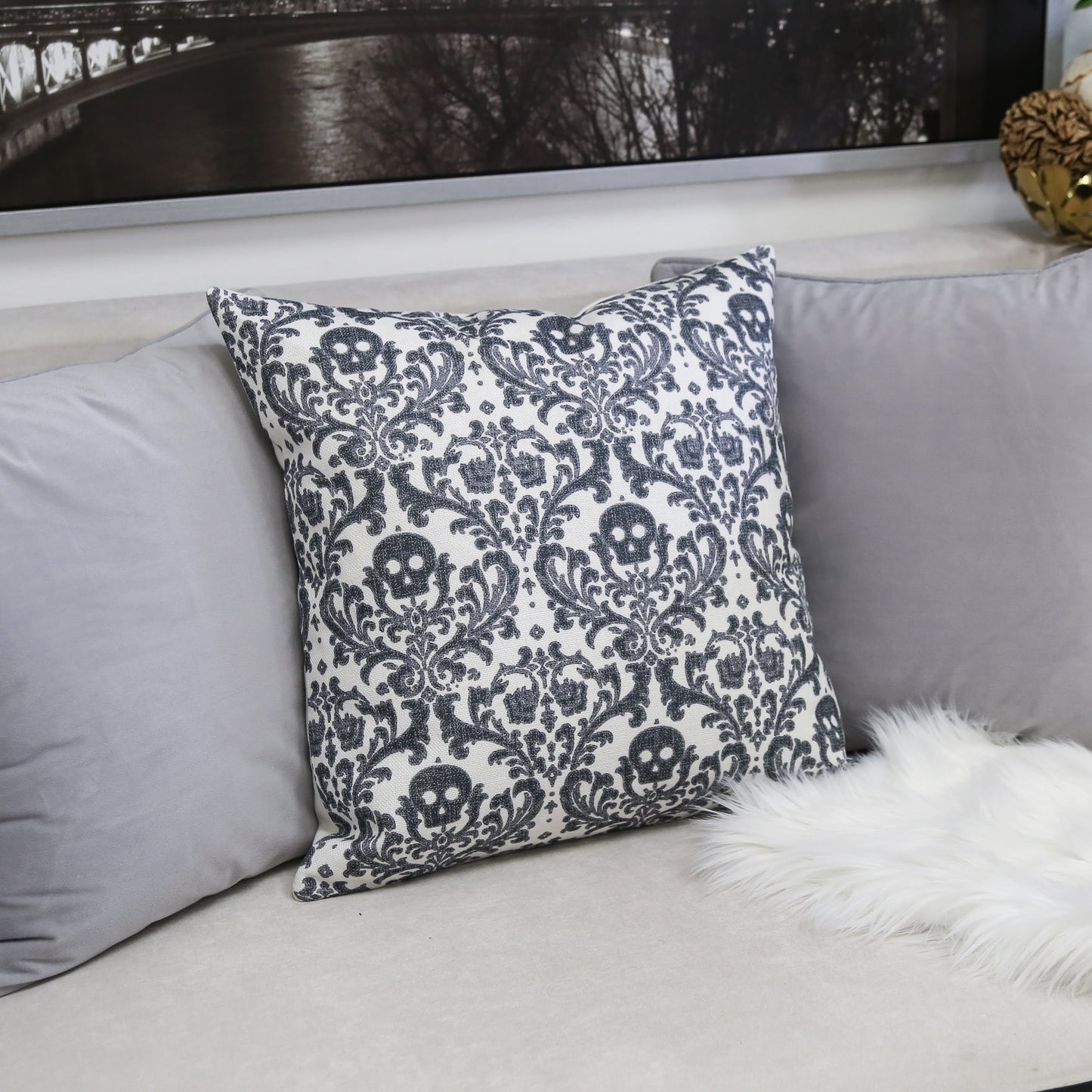 Baroque Skull Throw Pillow – Black & White Day of the Dead Accent Cushion