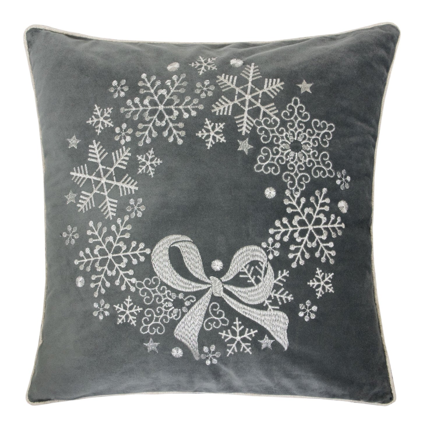 Gray Velvet Holiday Throw Pillow with Snowflake Wreath Embroidery, 20x20 with Insert Set of 2