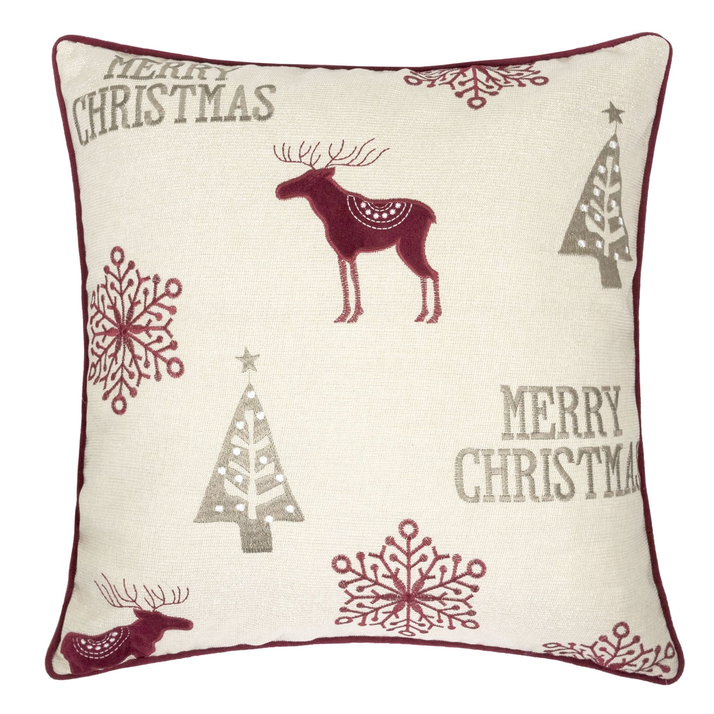 Merry Christmas Embroidered Poly Linen Throw Pillow – 20x20" Holiday Cushion with Reindeer, Trees & Snowflakes Set of 2