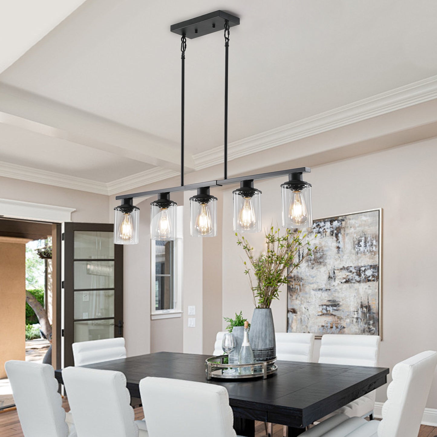 37" Modern Industrial 5-Light Chandelier with Clear Glass Shades, Matte Black Metal Frame Hanging Ceiling Light Fixture for Dining Room, Kitchen Island, Living Room (No Bulbs)