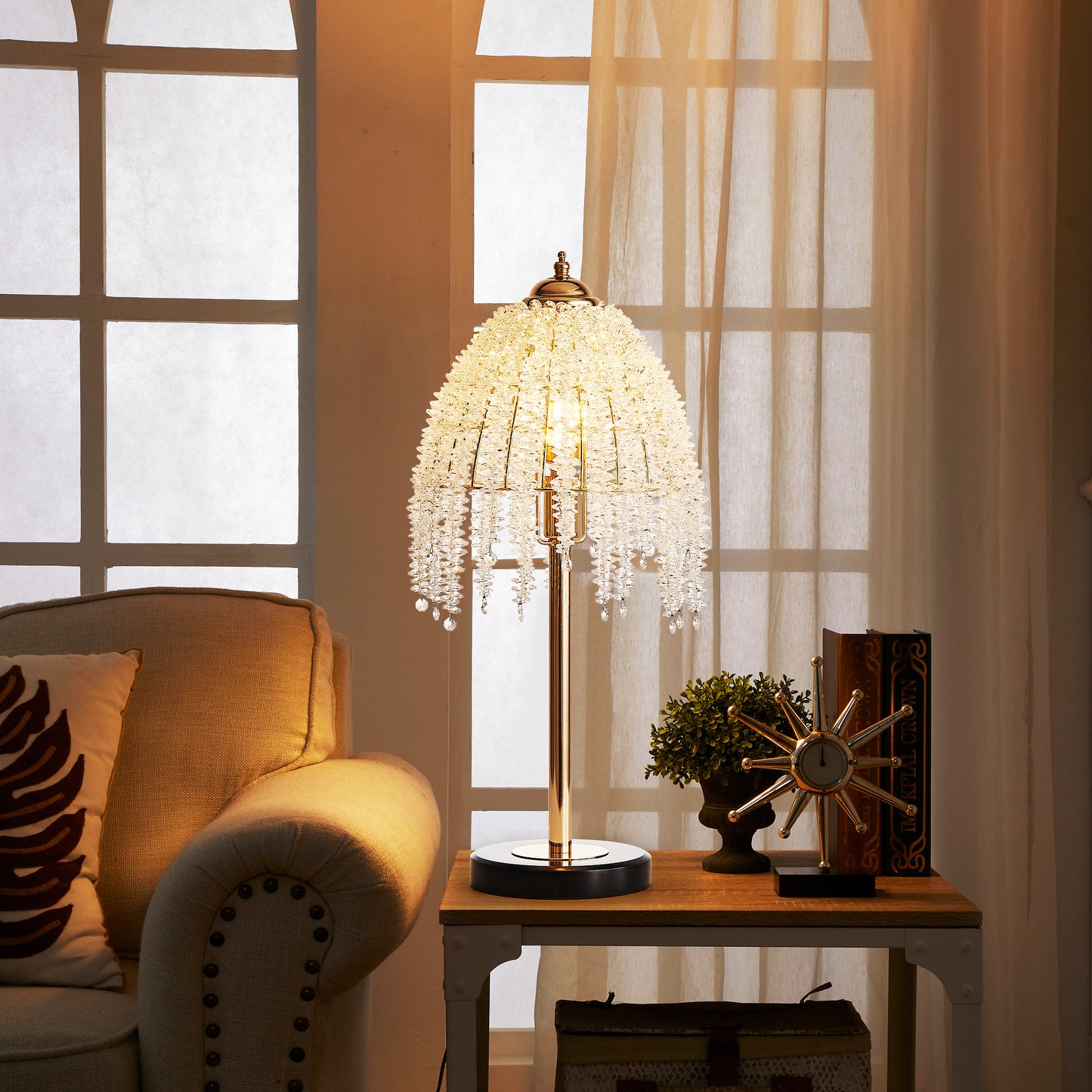 19"(H) Elegant Crystal Table Lamp – Vintage Waterfall Design with Crystal Bead String Shades and Marble Textured Base for Living Room, Bedroom, or Office (Bulb Not Included)