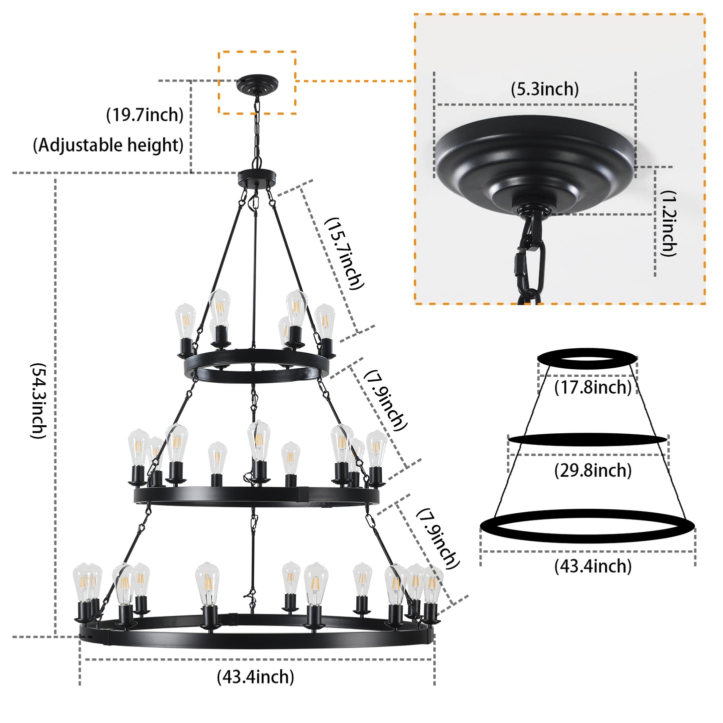 Retro Industrial Pendant Light - Black Iron, 27 Lights