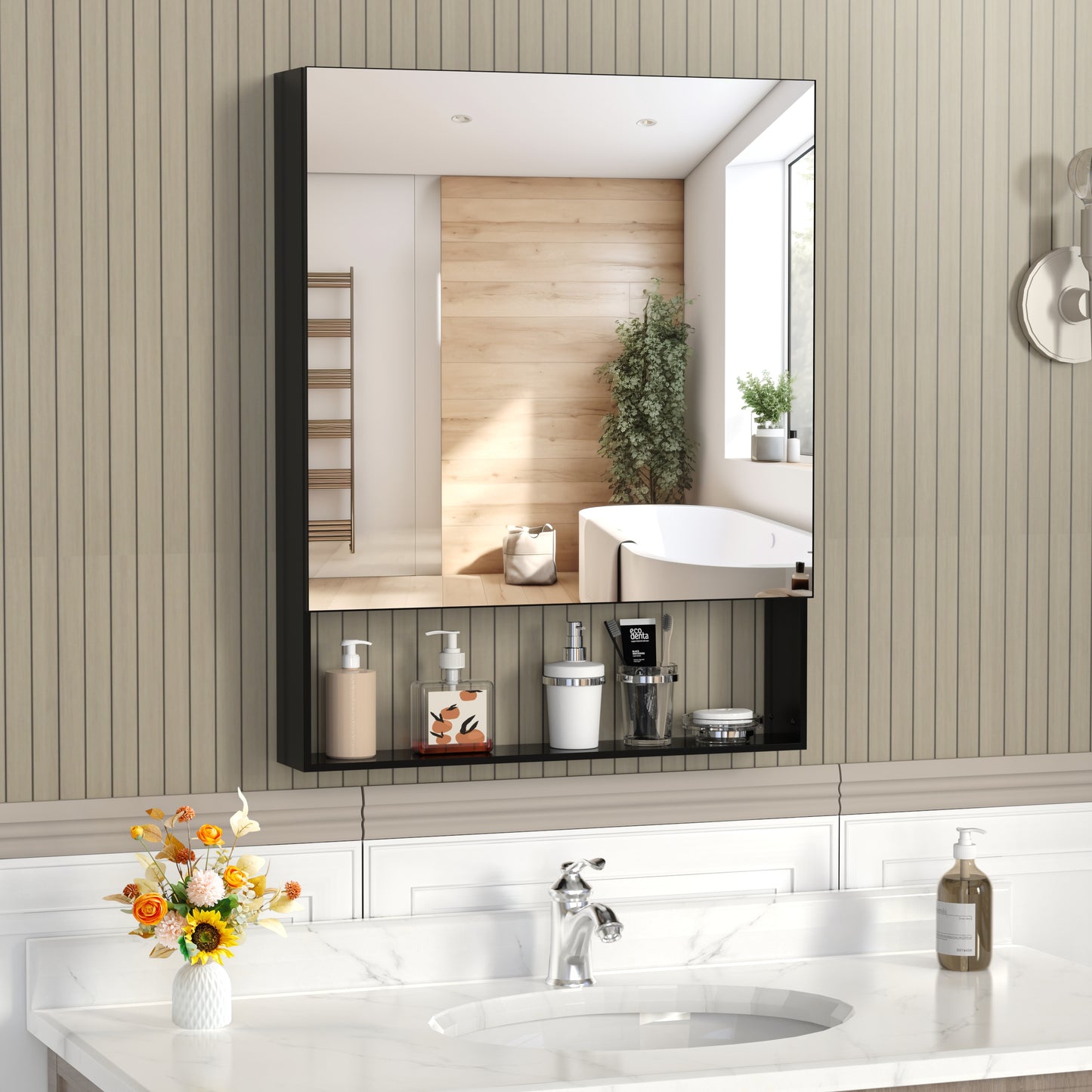 24'' x 30'' Medicine Cabinet with Mirror for Bathroom, Wall Mounted Bathroom Mirror with Storage, Adjustable Shelves, Aluminum Framework, Surface Mount Black