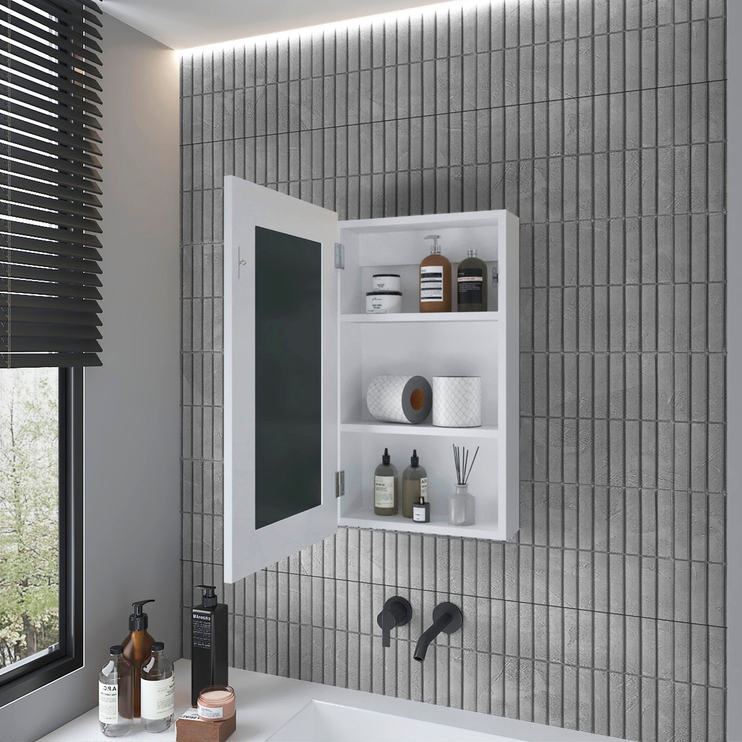 White Bathroom Storage Cabinet with Mirrored Door