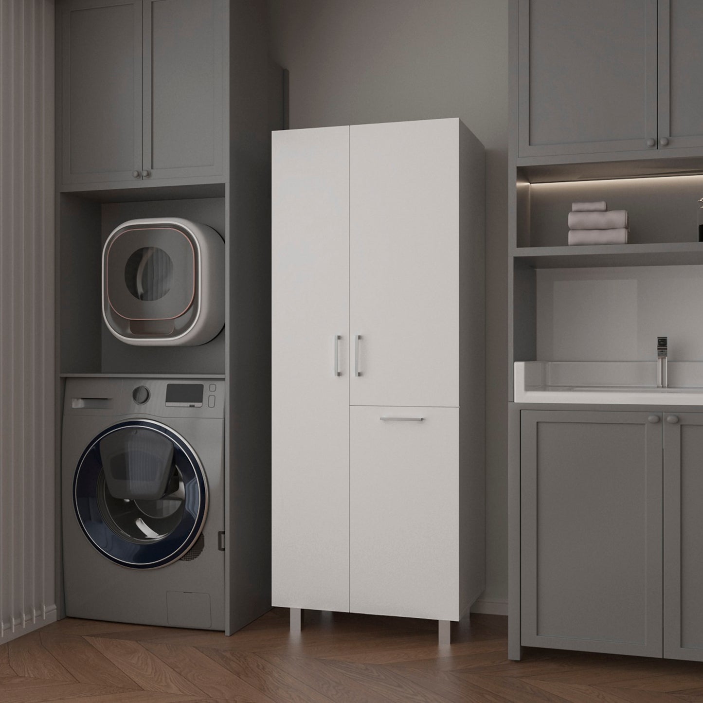FM FURNITURE The Mirage Modern Storage Cabinet with 2 Doors, 1 Drawer, and Metal Legs, Perfect for Organizing Bathrooms, Laundry Rooms, and Common Areas, White