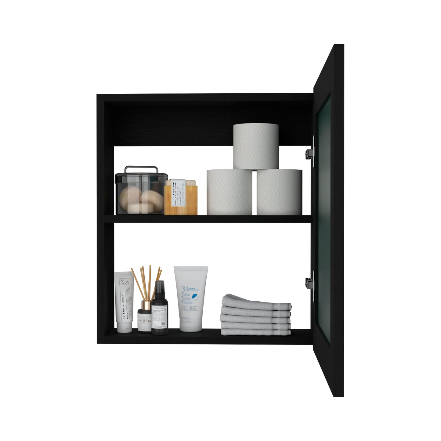 Modern Black Bathroom Cabinet with Mirror and Dual Shelves