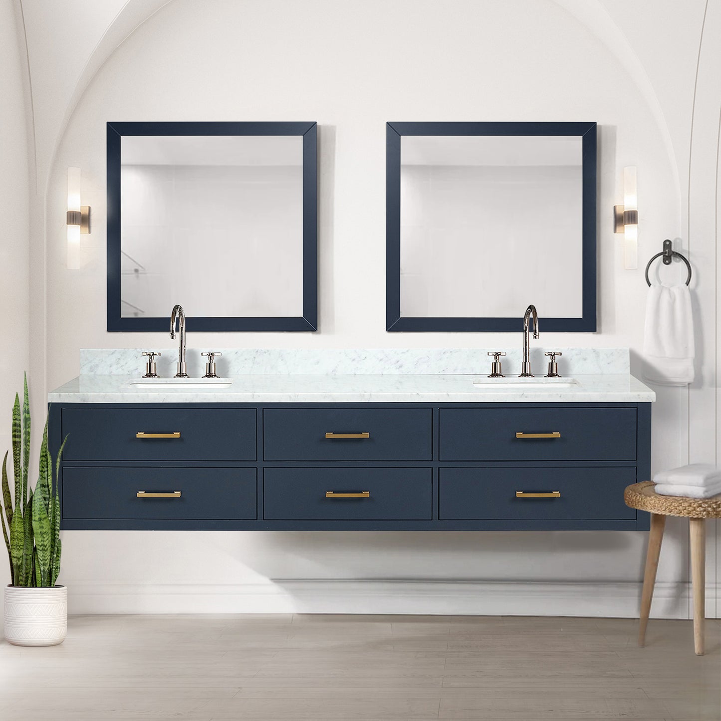 Blue Double Bath Vanity 84 in. W x 22 in. D, Carrara Marble Top, Faucet Set, and 36 in. Mirrors